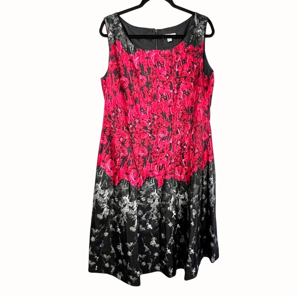 Dress Barn Floral Dress Lined Zipper Back A-Line Size 16 Black Red Gray EUC